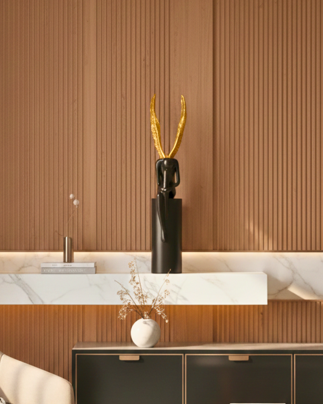 Modern Celestial Angel - Minimalist Black and Gold Abstract Statuette