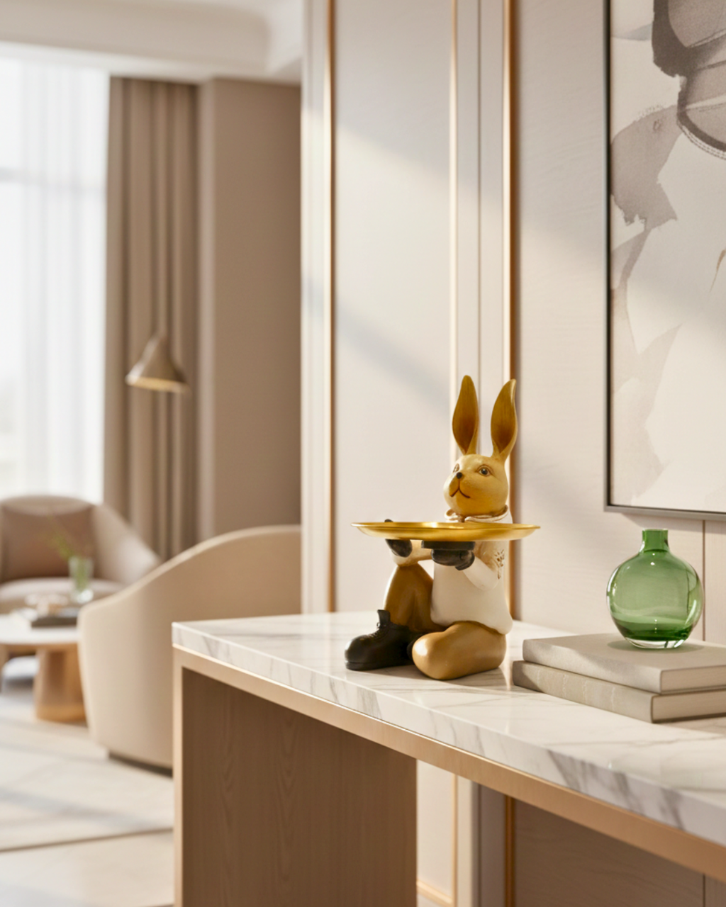 Modern Dapper Rabbit - Seated Bunny with Gold Serving Tray