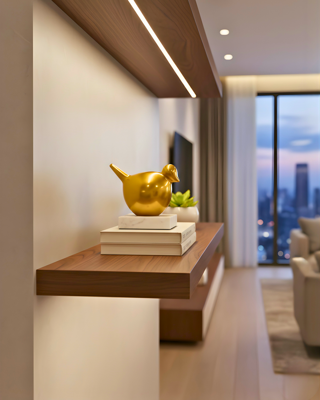 Golden Metal Bird Figurine with Marble Base