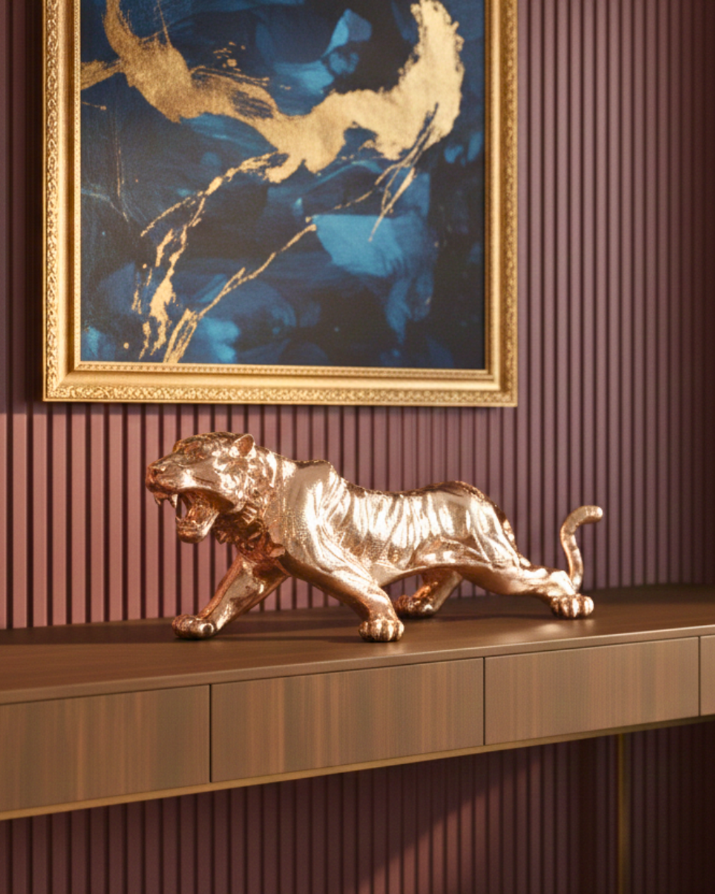 Defabmart Tiger Sculpture Statue - Rose Gold Electroplated Predator Figurine