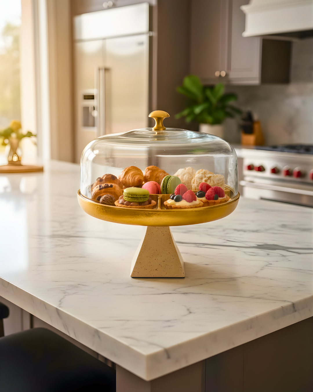 Luxury Glass Dome Serving Platter with Metal & Marble Stand