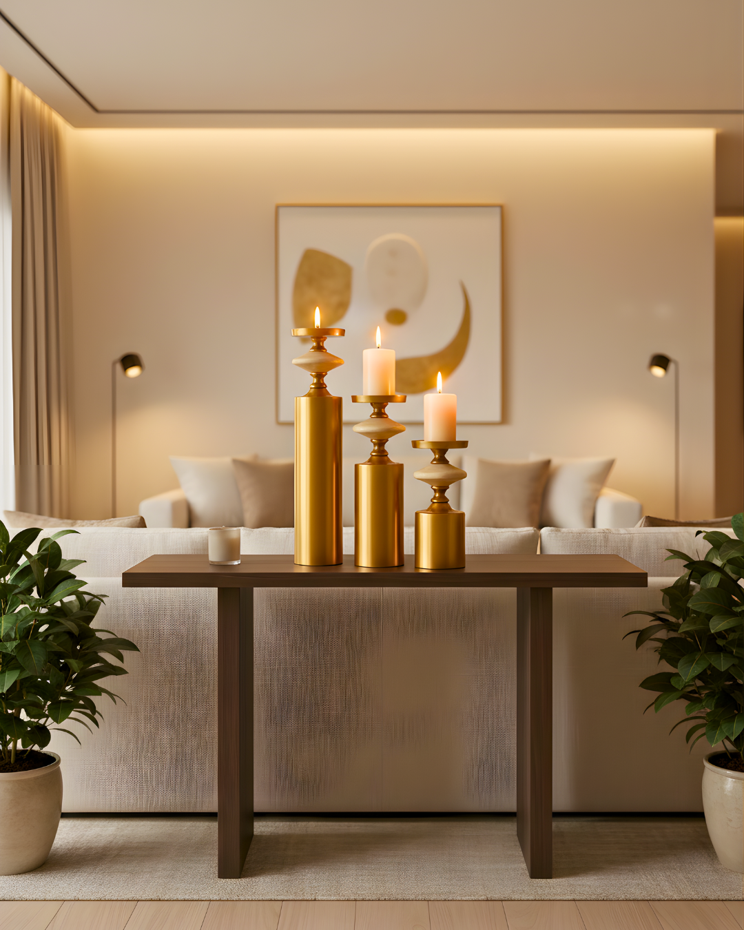 Set of 3 Luxury Golden Metal & Marble Candle Holders