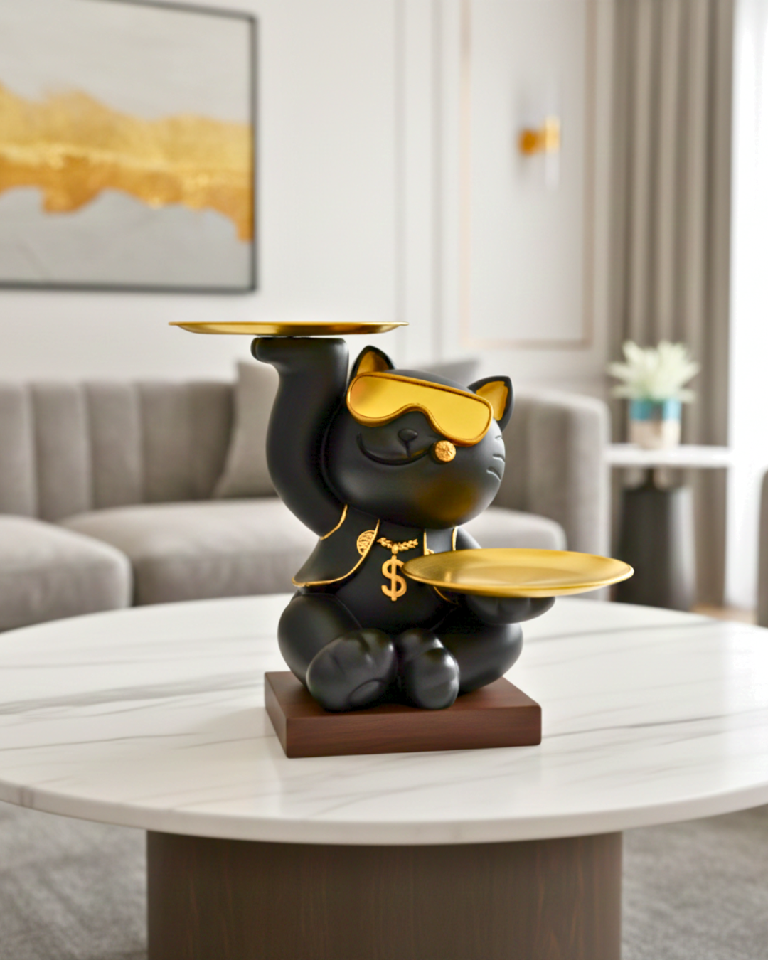 Modern Street Cat Lucky Cool Cat Dual Tray Figurine
